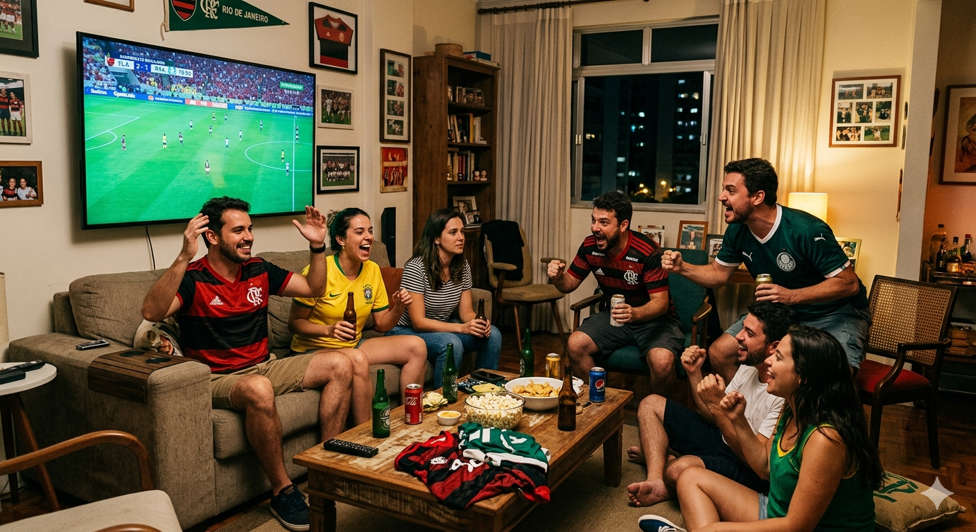 Fotografia realista do interior de uma sala de estar aconchegante à noite, onde um grupo de amigos brasileiros assiste a jogos de hoje