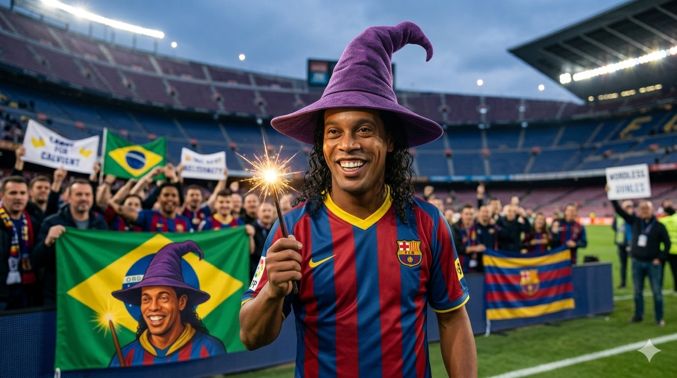 Montagem de Ronaldinho Gaucho usando um chapéu de bruxo e segurando uma faísca em um estádio, enquanto torcedores exibem bandeiras do Brasil e do Barcelona ao fundo, fazendo referência ao apelido Bruxo que marcou a carreira do ex-jogador.