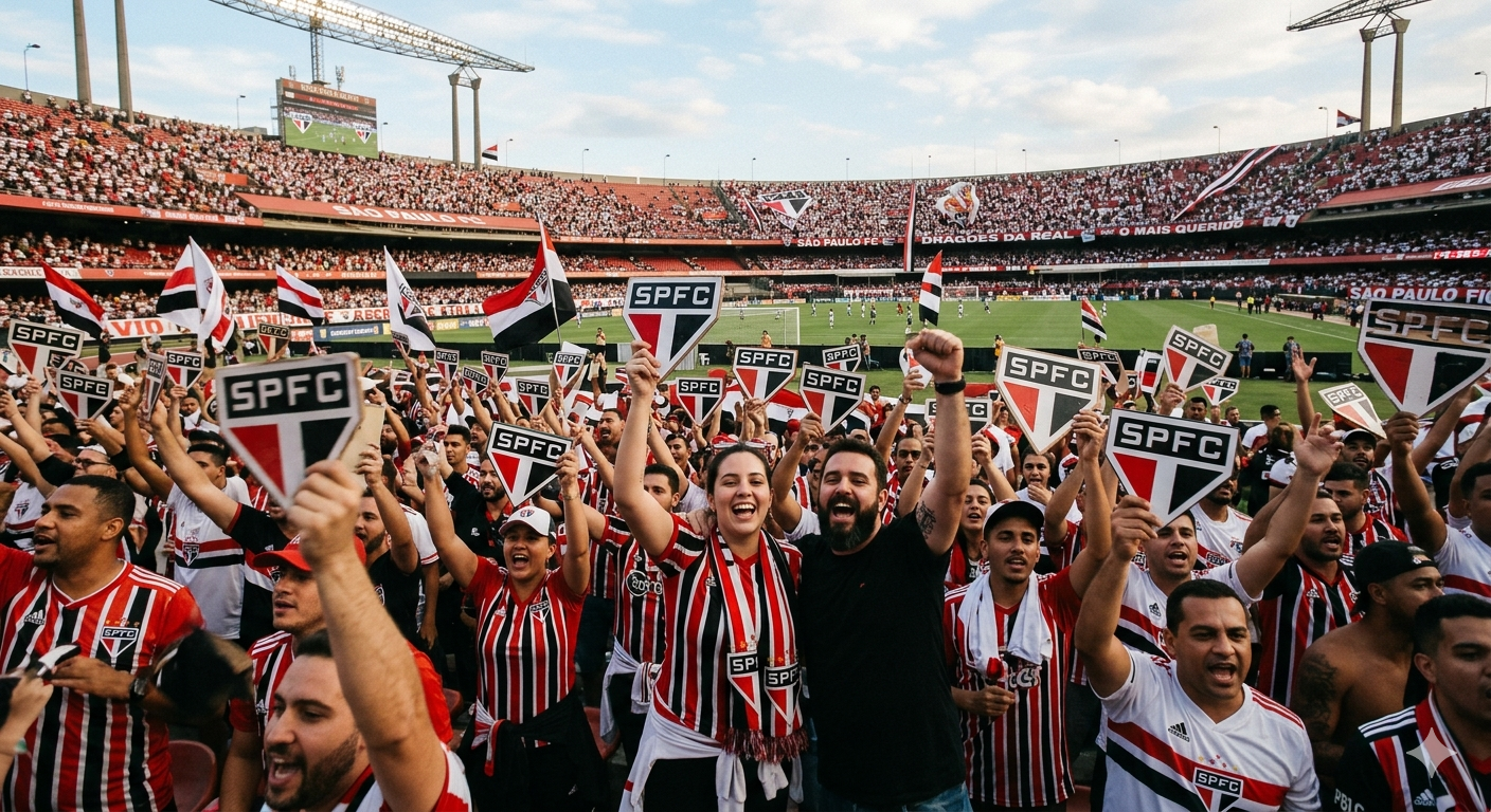 Torcedores do São Paulo lotam as arquibancadas do Morumbi, erguendo escudos e bandeiras do clube em uma grande festa, em uma cena que simboliza a tradição e a emoção do Hino do São Paulo.