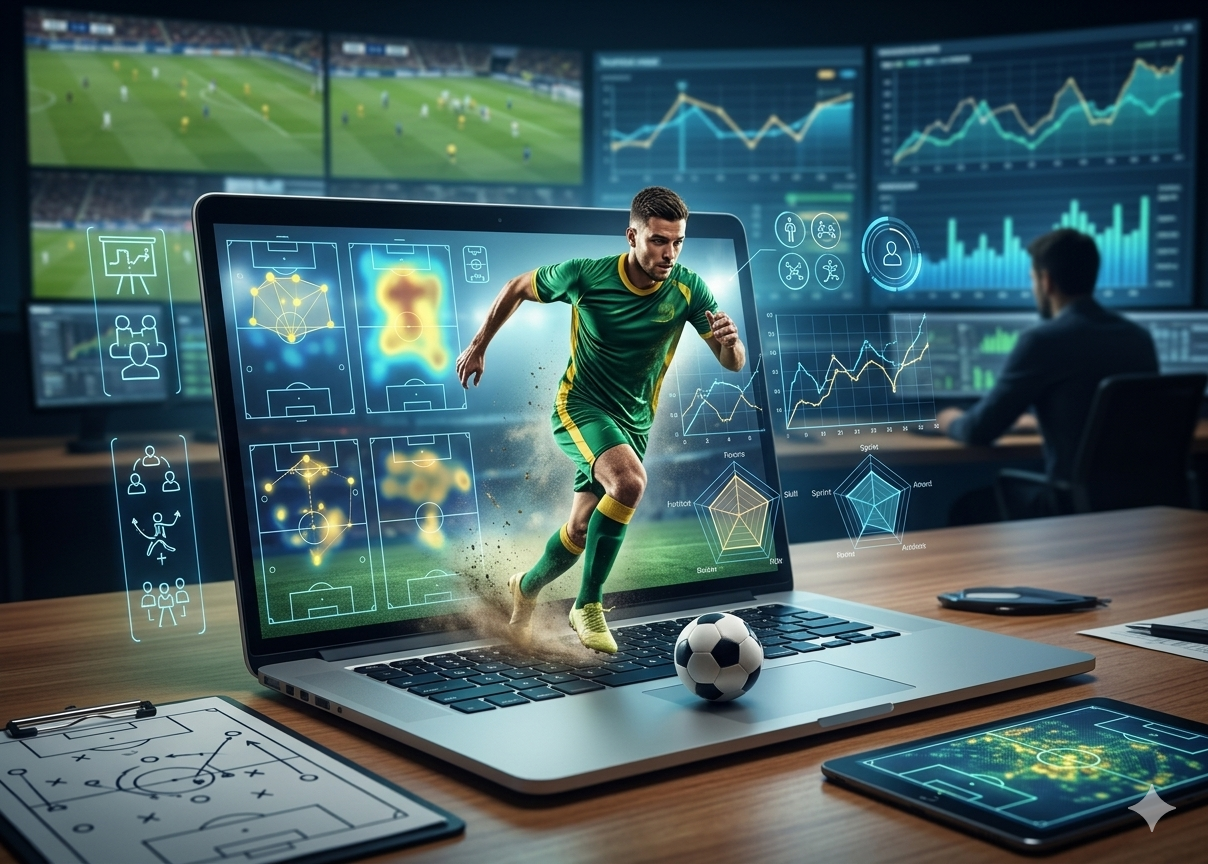 Foto conceitual sobre o trabalho de um Analista de Desempenho de futebol. Um notebook aberto em uma mesa de escritório exibe um jogador correndo em holograma 3D saindo da tela com uma bola nos pés. A tela do computador e as telas ao fundo exibem gráficos de performance, mapas de calor, dados táticos e estatísticas avançadas de jogo. Em primeiro plano, pranchetas e tablets complementam o ambiente de análise de dados esportivos.
