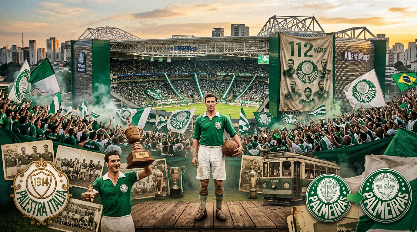 Palmeiras completa 112 anos: nasceu com 46 pessoas, mudou de nome em plena guerra e chega ao aniversário líder e vivo em três frentes