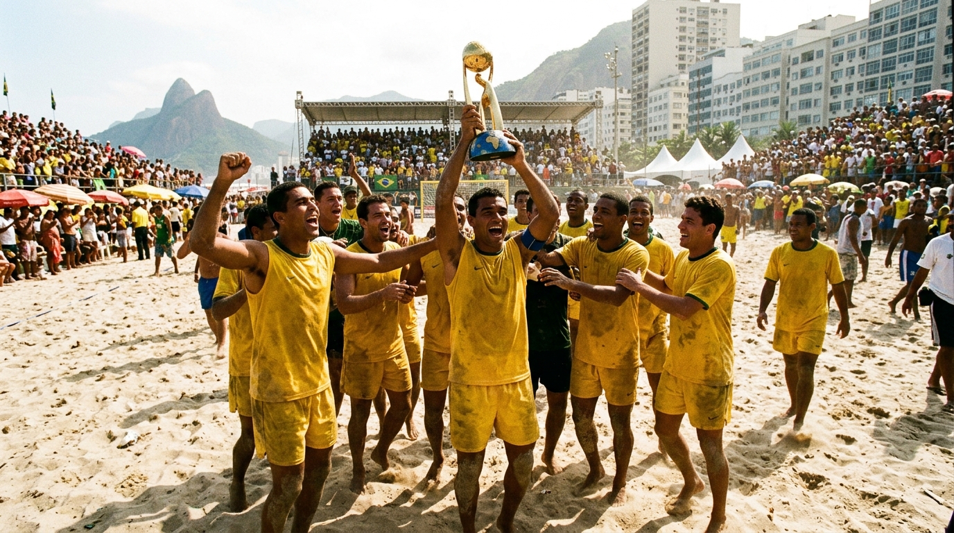 O Brasil perdeu o primeiro Mundial de futebol de areia em Copacabana; um ano depois, marcou 52 gols e conquistou o título