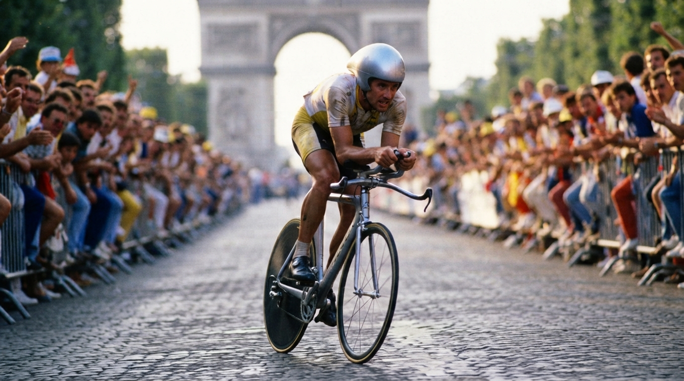 Tour de France 1989, Greg LeMond vira sobre Laurent Fignon por 8 segundos no contra-relógio da Champs-Élysées, a chegada mais apertada da história