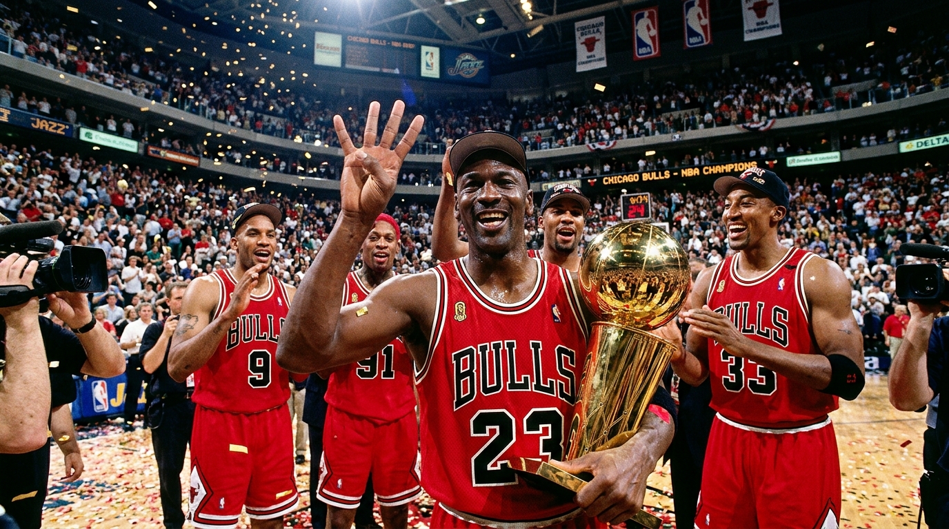 Chicago Bulls venceu 203 jogos em três temporadas e fechou o segundo tricampeonato com cesta histórica de Jordan