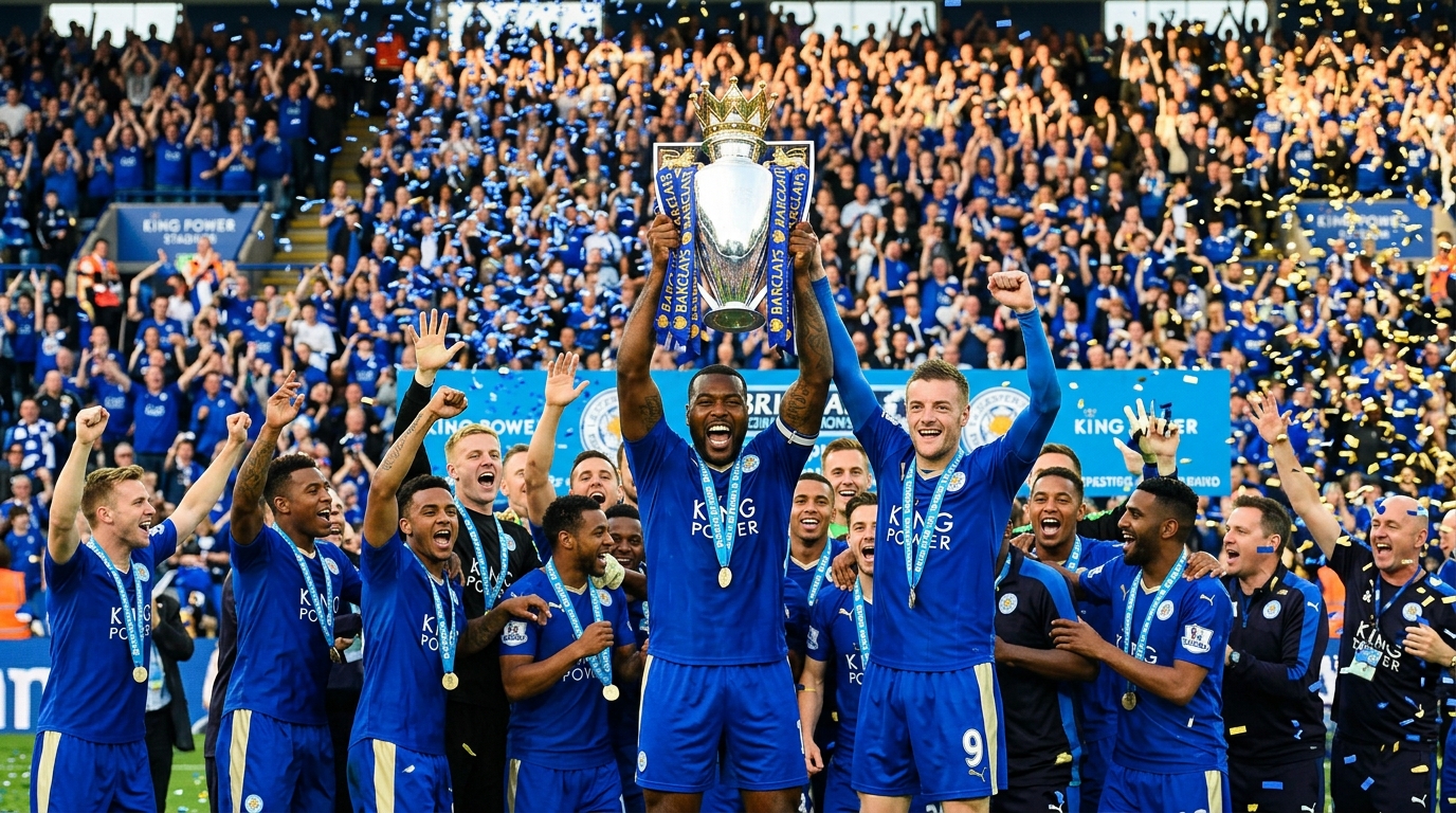 Leicester começou a temporada cotado a 5.000 para 1, perdeu apenas três jogos e foi campeão inglês com dez pontos de vantagem